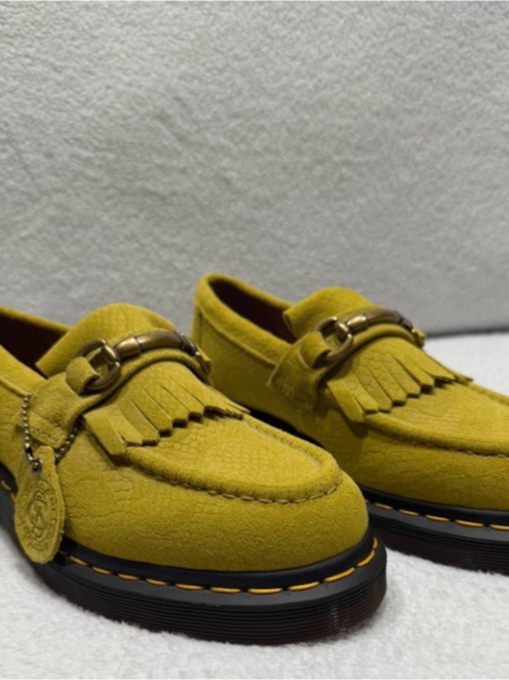Dr. Martens Chartreuse Suede Adrian Snaffle Loafers with Fringe and Horsebit